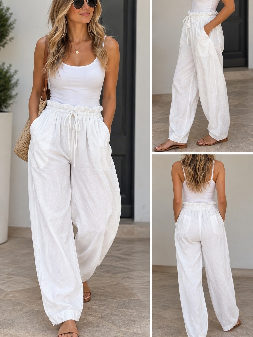 Free People White Paperbag Wide-Leg Linen-Blend Pants